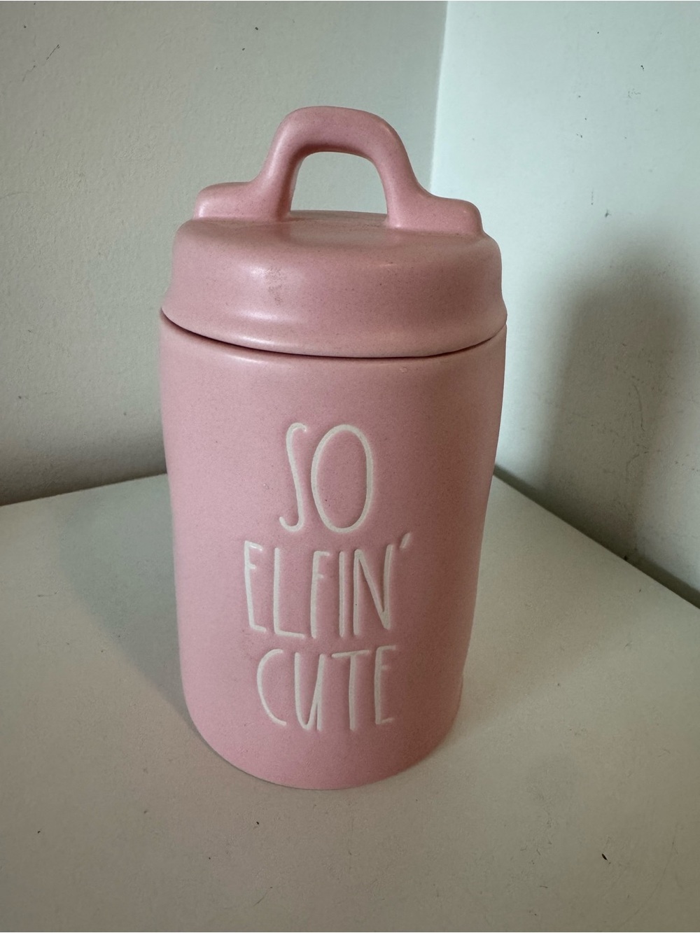 Rae Dunn Pink 'So Elfin' Cute Candle Ceramic Canister with Lid